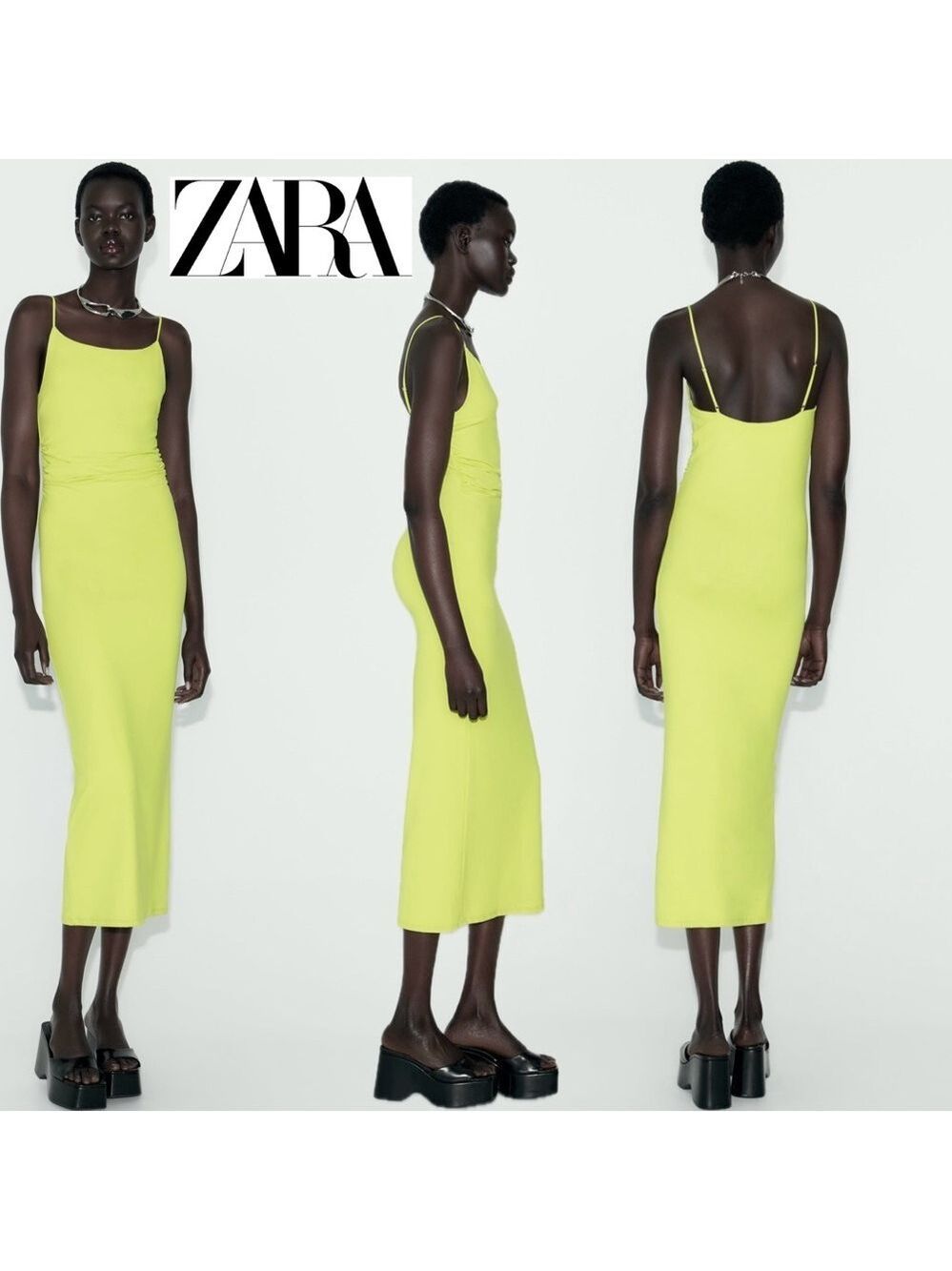 Zara lime green yellow ruched bodycon spaghetti strap maxi dress Sz L NWOT